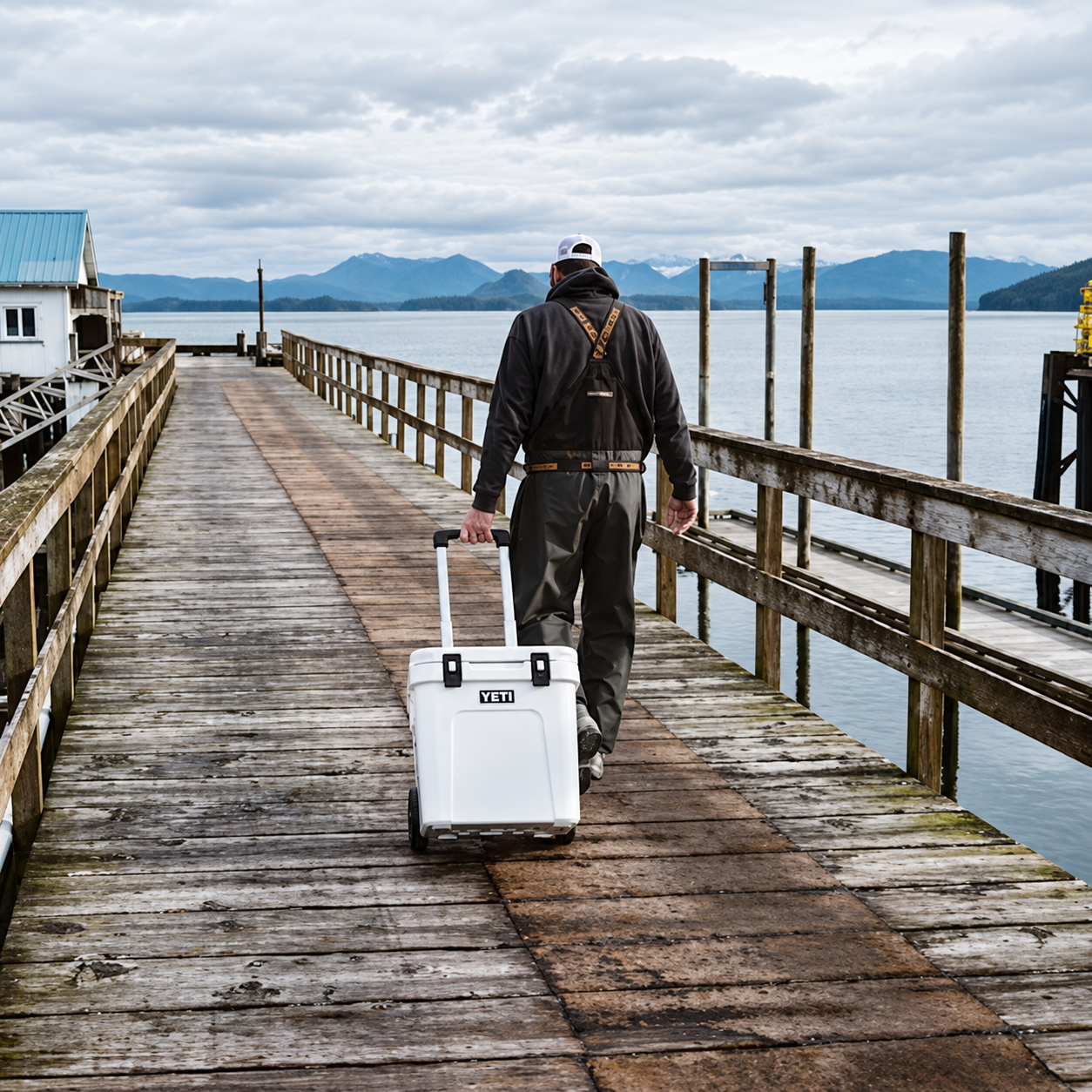 YETI Roadie wheeled hard cooler being pulled along a waterfront dock